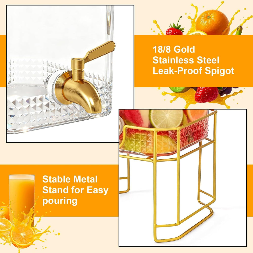 Drink Dispenser for Parties with Stand - 2 Gallon Beverage Dispenser with 18/8 Gold Stainless Steel Leak-Proof Spigot