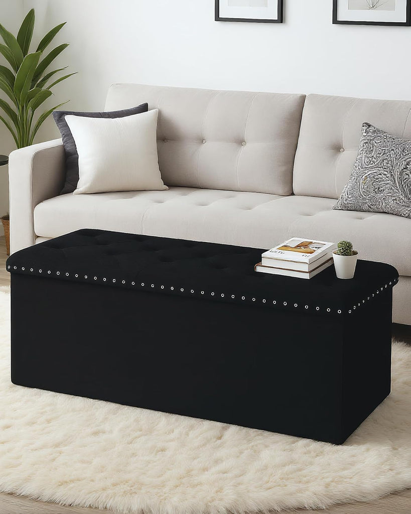 Velvet Storage Ottoman Bench, 43.3" Upholstered Tufted Ottoman with Storage, Folding Footrest Bench , or Entryway