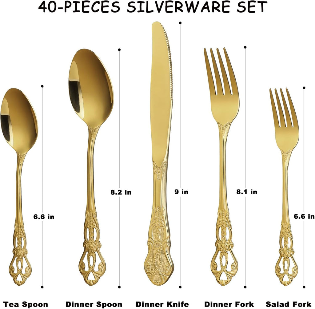 Gold Silverware Set for 8, Stainless Steel Gorgeous Retro Royal Flatware, 40-Pieces Cutlery Tableware