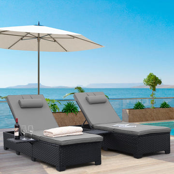 Outdoor Chaise Lounge Chairs for Outside Patio Furniture Set of 2 Wicker Recliner Black Rattan Sunbathing