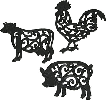 Farm Animal Kitchen Trivets, Black 9 Inch Cast Iron - Set of 3