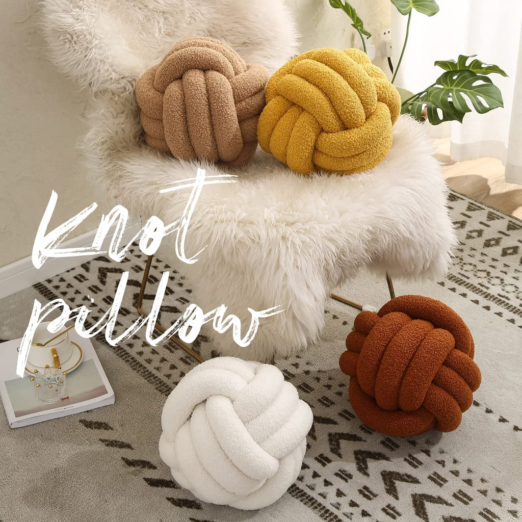 Knot Pillow Ball 9.8inch Round White Knot Pillow Soft Home Decorative Pillow Boucle Circle Knotted Pillow Handmade