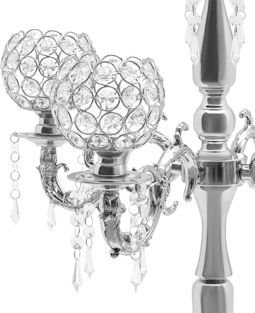 Elegant 35inch 5-Arm Crystal Candelabra with Flower Vase and Hanging Crystal Drops, Iron Taper Candle Holder Stand