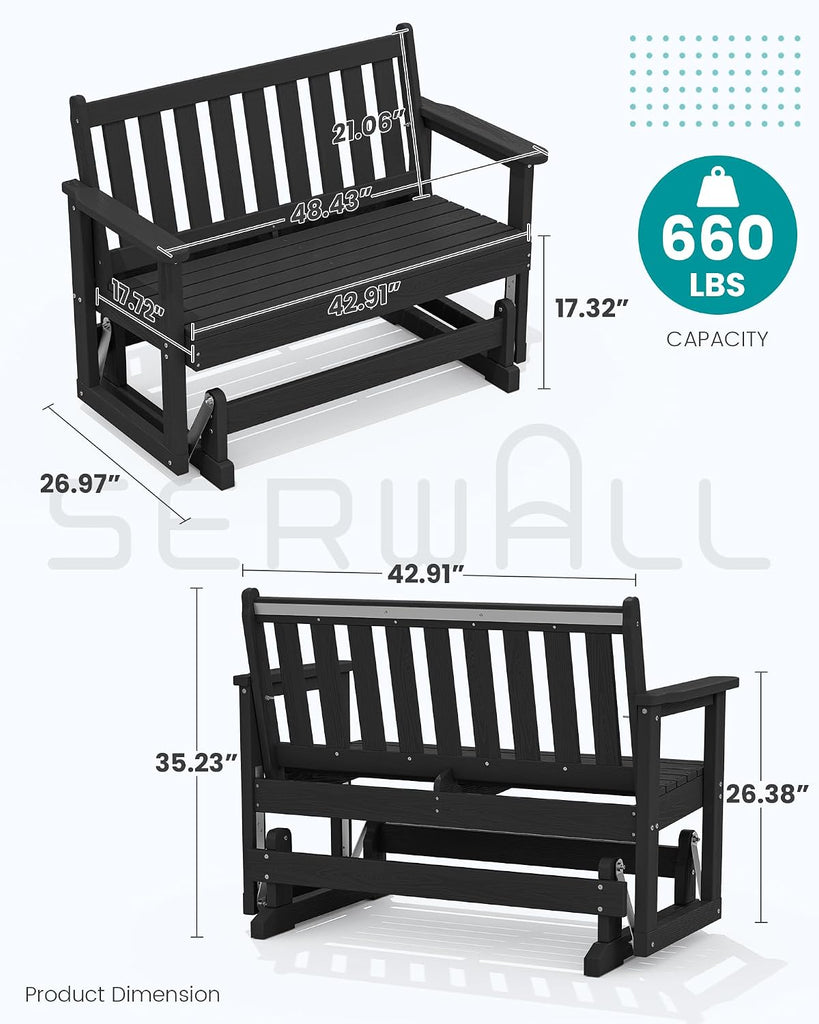 2 Person Patio Glider Bench, HDPE All Weather Swinging Bench, Black