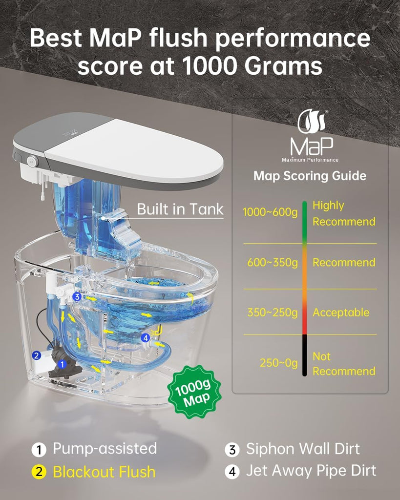 Smart One-Piece Toilet with Built-In Bidet, Auto Open and Close, Powerful Flush, Foam System, ADA Comfort Height, Blackout Flush, Auto Flush, Heated Seat
