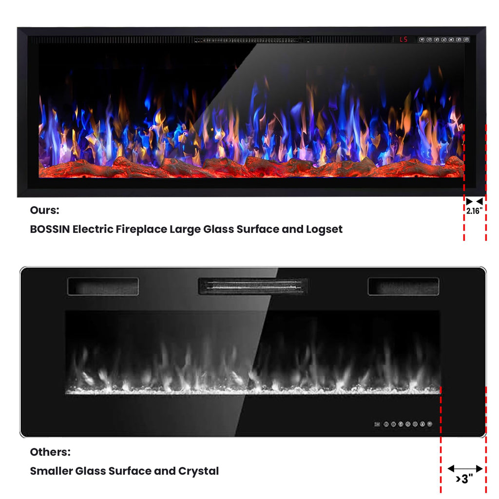 50 inch Wide Screen Silence Linear Electric Fireplace, Recessed Wall Mounted Fireplace, Fit for 2 x 4 and 2 x 6 Stud