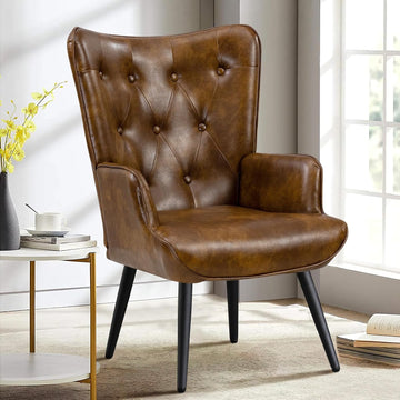 PU Leather Accent Chair , Upholstered Reading Chair with High Backrest, Tufted-Button Wingback Armchair , Dressing