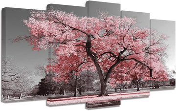 Large 5 Pieces Black and White Canvas Wall Art Pink Tree Landscape Picture Prints Framed and Stretched Painting Wall
