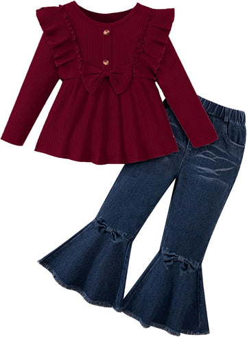 Toddler Girl Clothes Solid Color Ruffle Bowtie Top and Flare Pants 2Pcs Winter Fall Girl Outfits