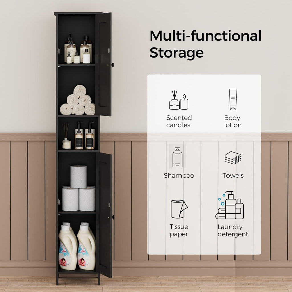 Tall Bathroom Storage Cabinet with 2 Doors, Slim Bathroom Cabinet | Narrow Storage Cabinet with Adjustable Shelves