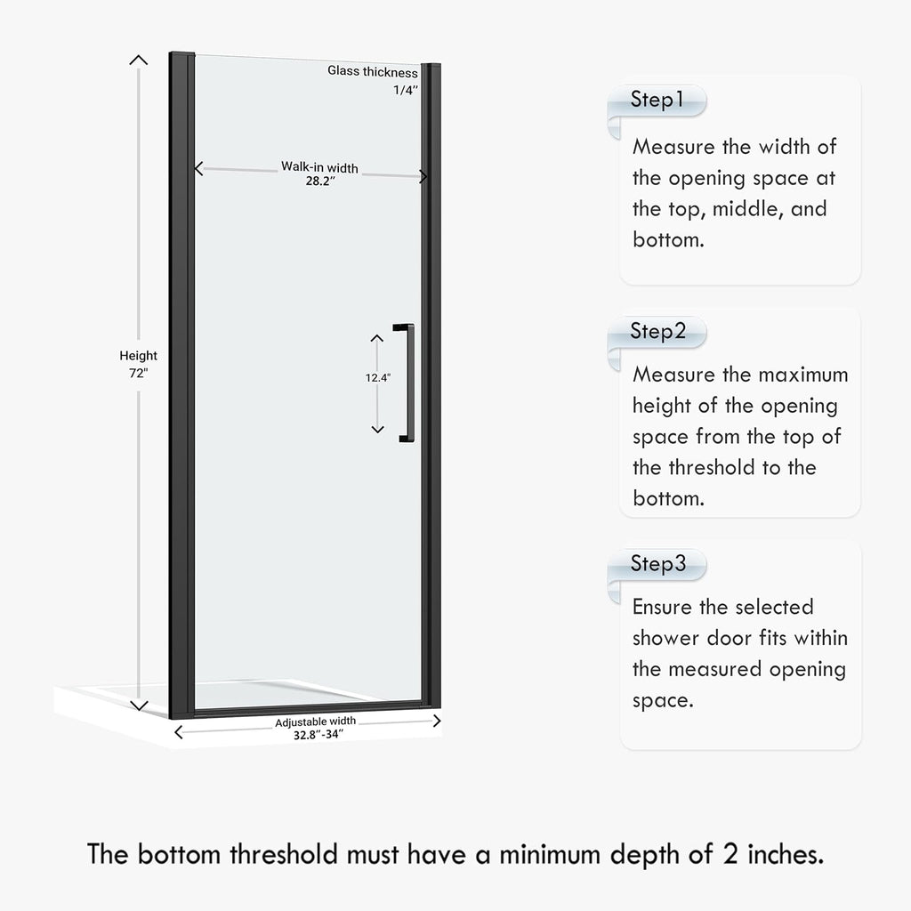 Frameless Pivot Shower Door 32.8-34" W X 72" H, 1/4" (6mm) Clear SGCC Tempered Glass, Hinged Pivot Swing Shower Door