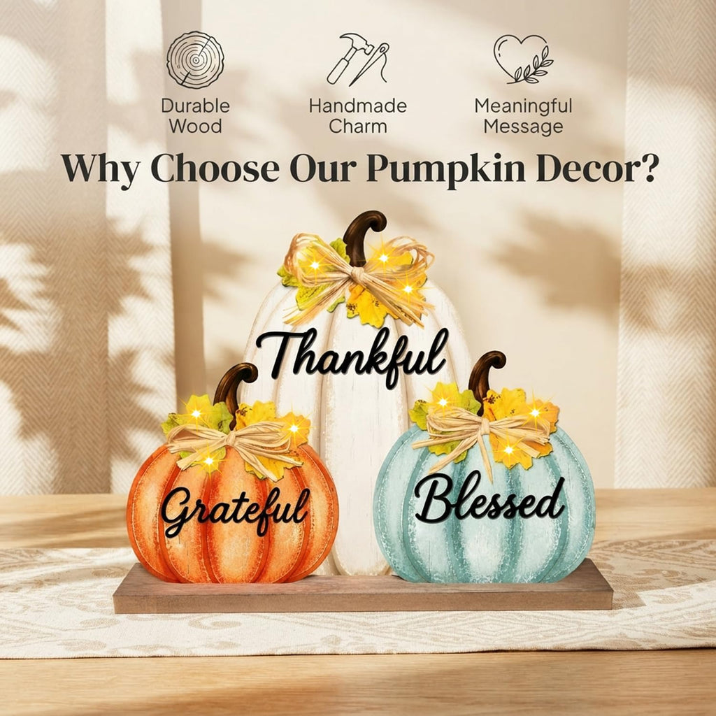 Fall Pumpkin Decor with LED Lights, Wooden Thanksgiving Table Sign "Blessed Grateful Thankful", Rustic Harvest Home - Set of 3