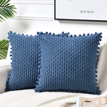Set of 2 Dusty Blue Decorative Throw Pillow Covers 22x22 Inch with Pom-poms for Couch Bed Sofa, Modern Farmhouse Boho