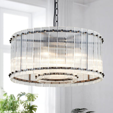 Modern Glass Chandelier Light Fixture, Doule Layer Drum Pendant Modern Chandelier Lighting with 7-Light, Black Finish