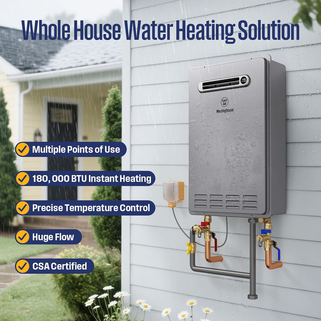 Smart Outdoor Propane Tankless Water Heater, 8.1 GPM 180, 000 BTU Whole Home Instant Hot Water Heater