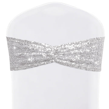 Silver Sequin Chair Sashes Bows 120 Pcs Glitter Chair Back Cover Ties Bands for Wedding Banquet Party Decor