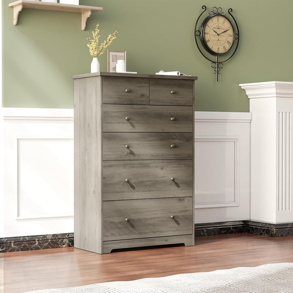 Tall Dresser, Rustic Grey Dresser 6 Drawer Chest of Drawers, Wood Gray Dressers , 31.5" W x 15.75" D x 47.64" H