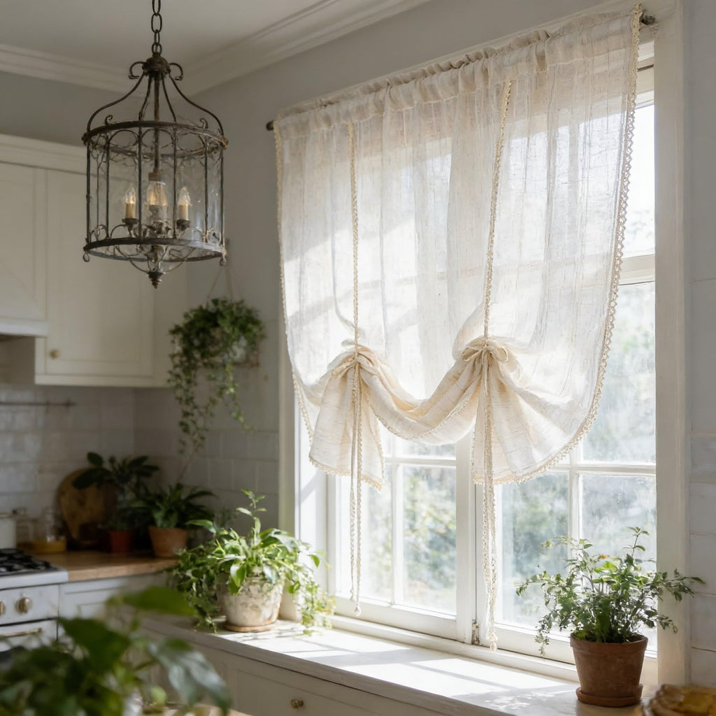 Beige Crochet Linen Striped Tie Up Sheer Curtain Valance Window