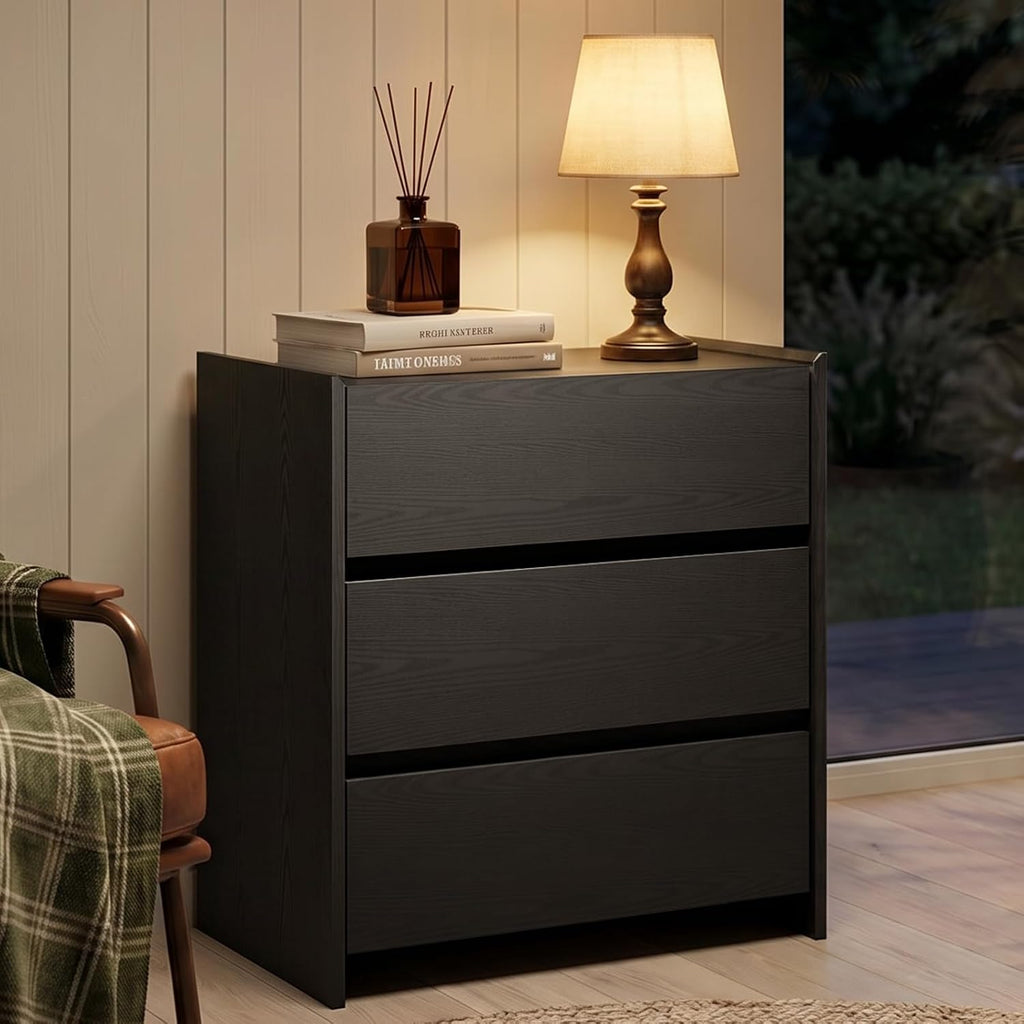 Black Night Stand with 3 Drawer, Modern Wood Nightstand with Spacious Storage, Smooth Glide Drawers Sturdy Bedside