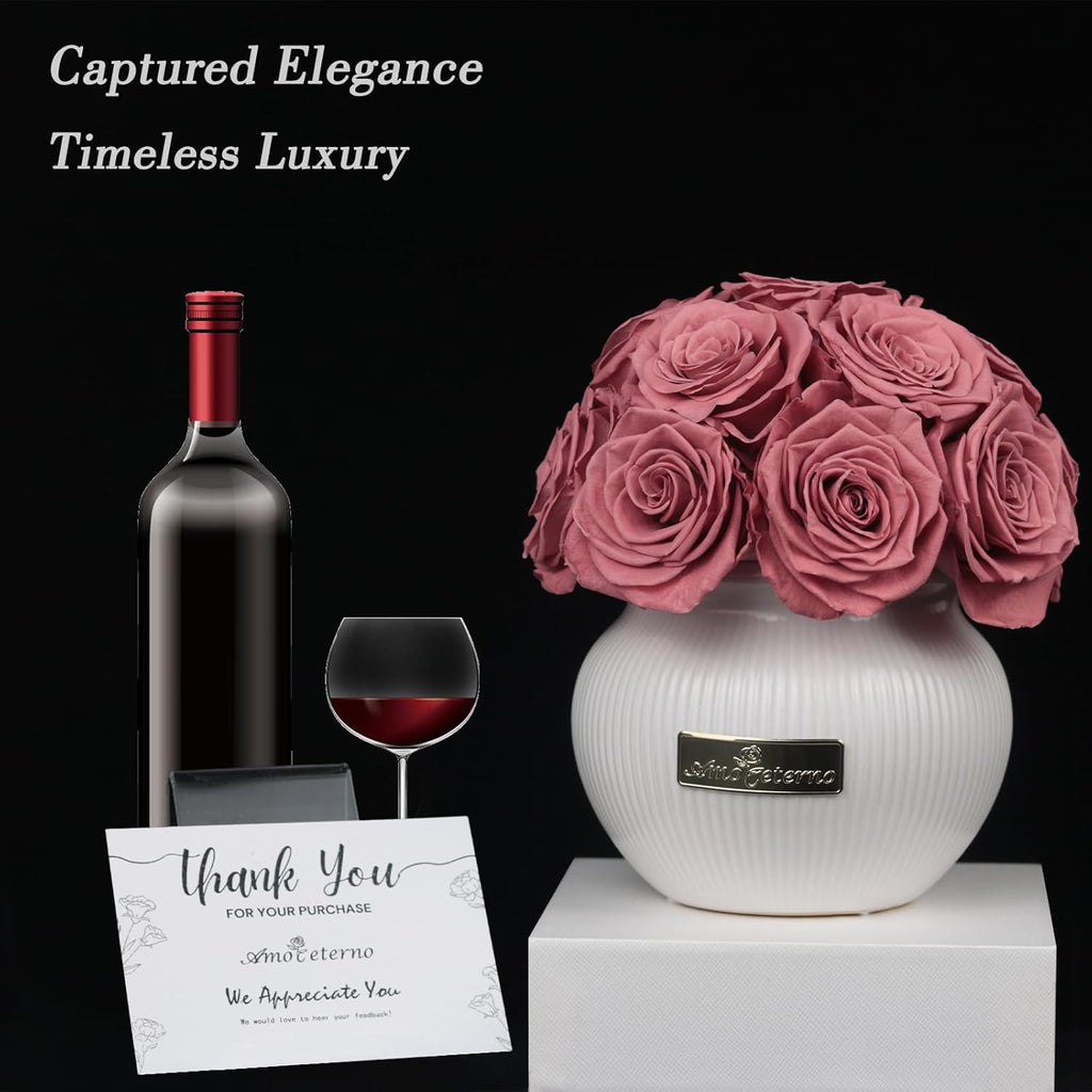 Preserved Roses,Weeding Flowers,Table Centerpiece Flowers,14Pcs Long Lasting Real Rose in Ceramic Vase,Table Flowers