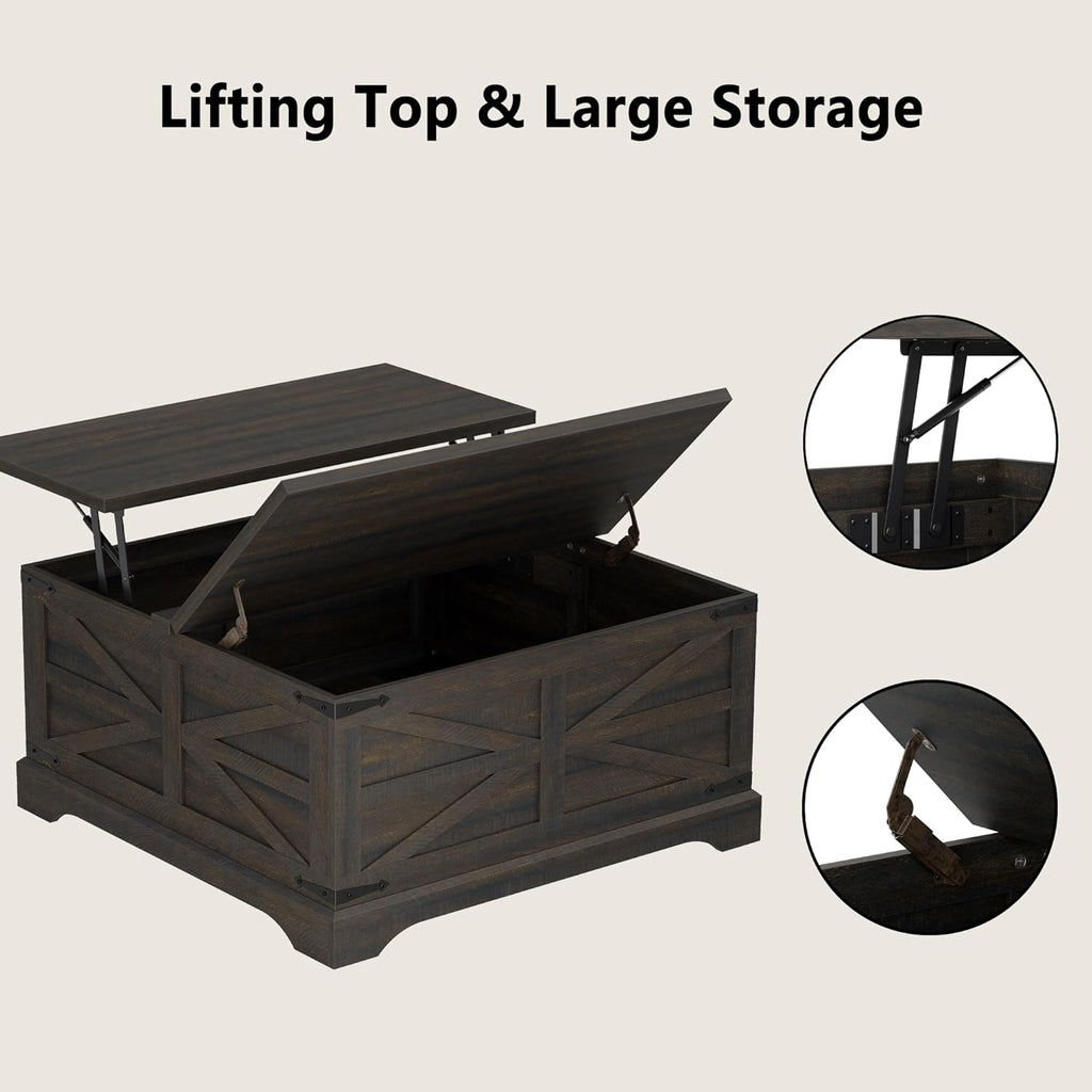 35.5''W Square Coffee Table Farmhouse Lift top Coffee Table with Large Hidden Storage, Wood Center Table, Dark Brown