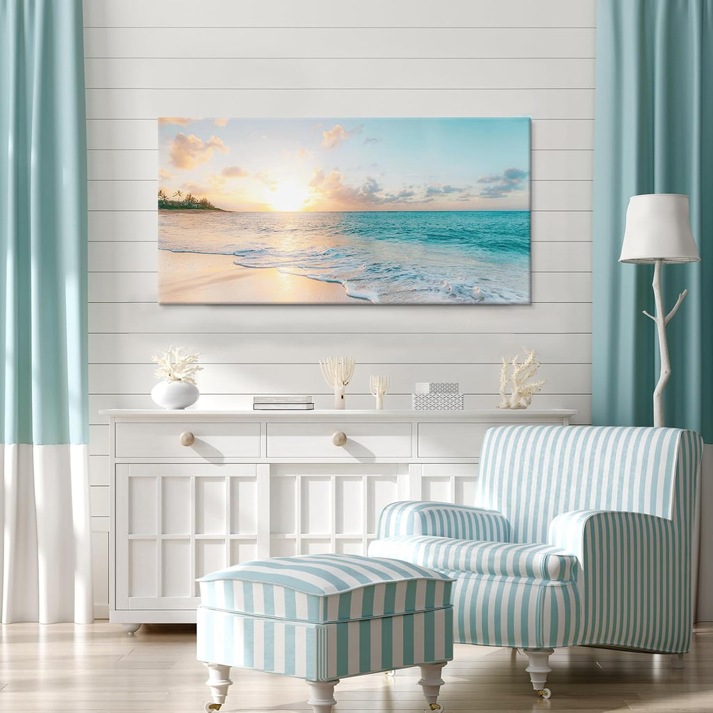 Ocean Beach Sunset Canvas Wall Art Seascape Paintings Coastal Picture Framed Artwork Living Room Office Wall Decor