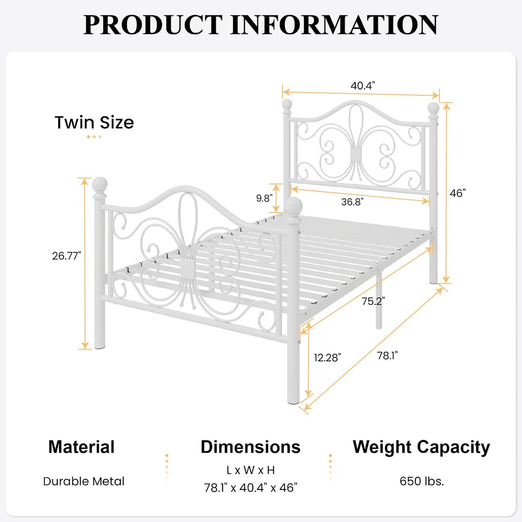 Twin Size Bed Frame for Kids,Metal Bed Frame with Butterfly Pattern Design Headboard & Footboard,No Box Spring