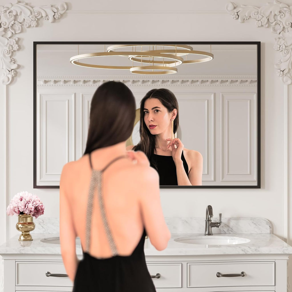40"X30" Black Rectangle Bathroom Mirror Wall, Matte Black Aluminum Alloy Frame, Tempered Glass, Hangs Vertically or