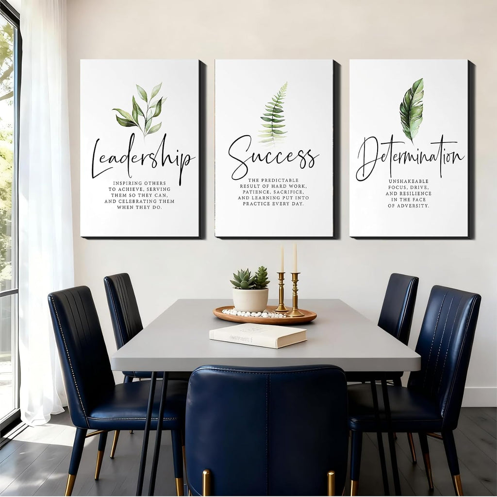 Set of 3 Framed Canvas Art - Motivational Office Wall Decor, Leadership/Success Quotes with Leaves, Inspirational
