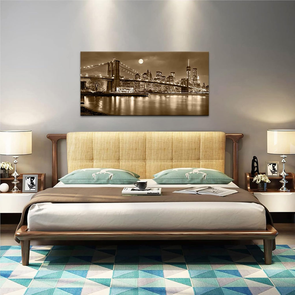 Brooklyn Bridge Canvas Wall Art Sepia New York City Picture Home Decor Manhattan Skyline Artwork Prints Stretched