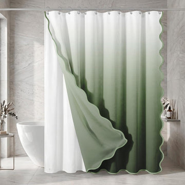 Scalloped Shower Curtain with PEVA Liner Set, Ombre Sage Green Modern 3 in 1 Heavy Duty Waffle Weave Waterproof