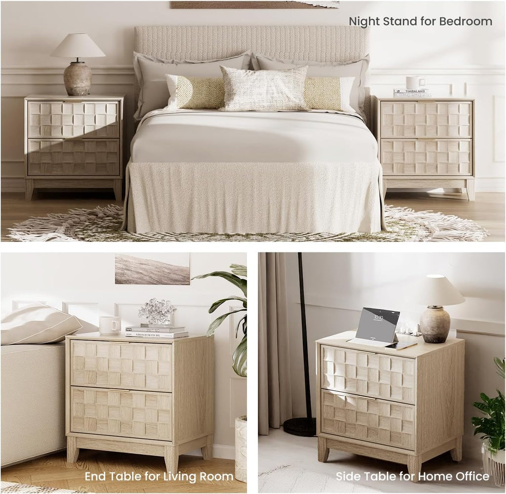 Night Stand with Charging Station Set of 2, Modern Nightstand Bedside Table, Wooden 2 Drawers Dresser, with