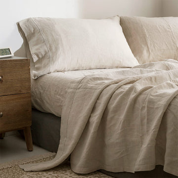 100% Linen Sheet Set with Embroidery Washed - 4 Pieces (1 Flat Sheet & 1 Fitted Sheet & 2 Pillowcases) Natural Flax