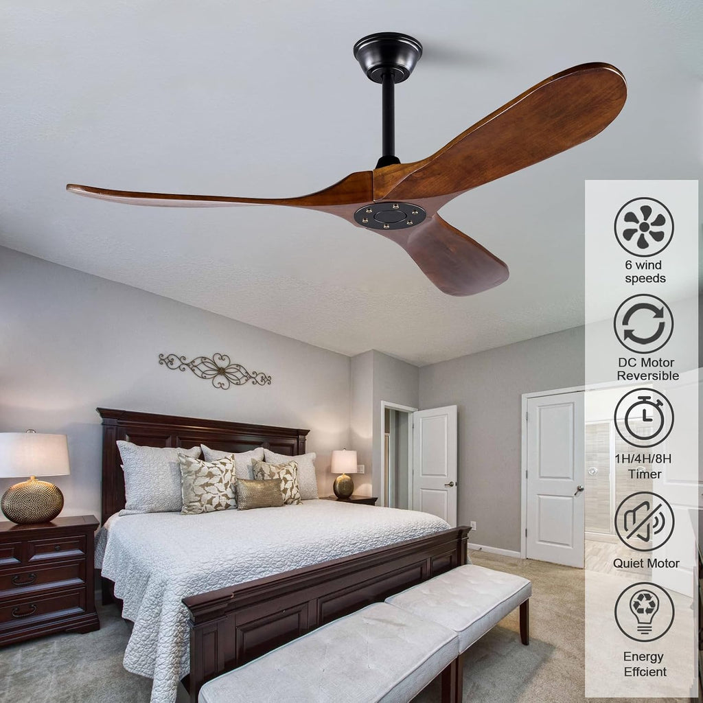 Inspired Maverick Style 42 Inch Modern Wood Ceiling Fan, 3 Blades, Dark Walnut & Black, Remote Control, Reversible DC Motor, 6 Speeds, Timer Setting, Indoor/Outdoor