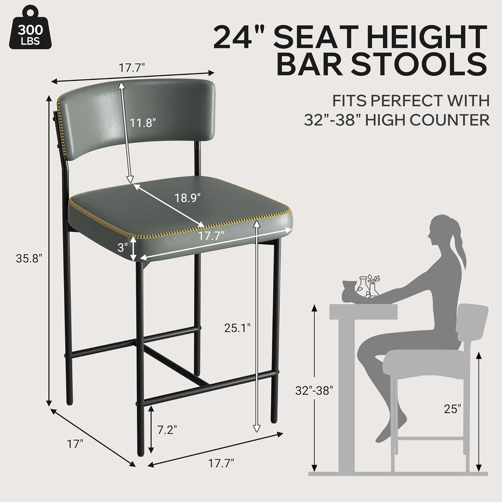 Bar Stools Set of 3, Faux Leather Counter Height Barstools with Curved Back, 25 Inch Upholstered Bar Chairs