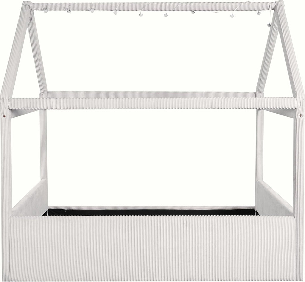 & Bright Designs Full Size Upholstered House Bed for Kids, Montessori Floor Bed with LED Light Strips, House Floor