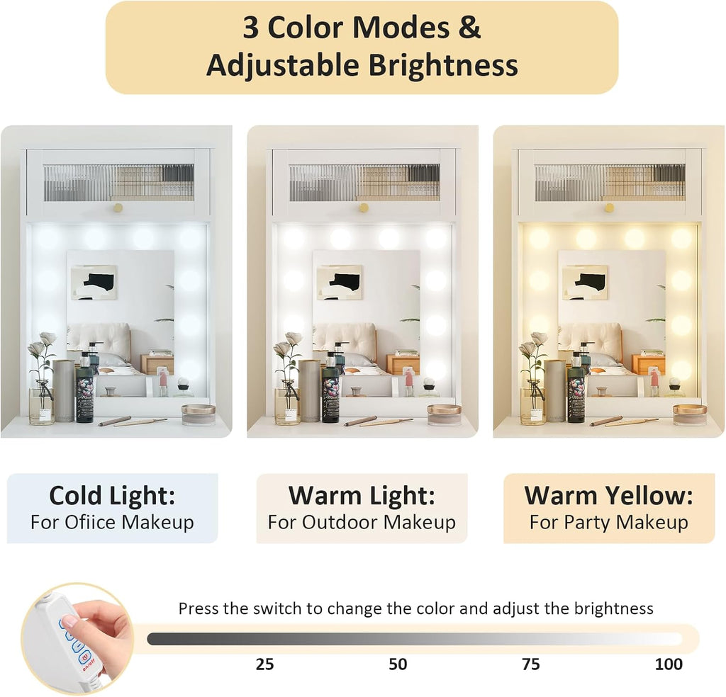 Small Vanity with Mirror & RGB Light White Makeup Set | Table Storage Rack, Mini Vanity with Storage Chair, Space
