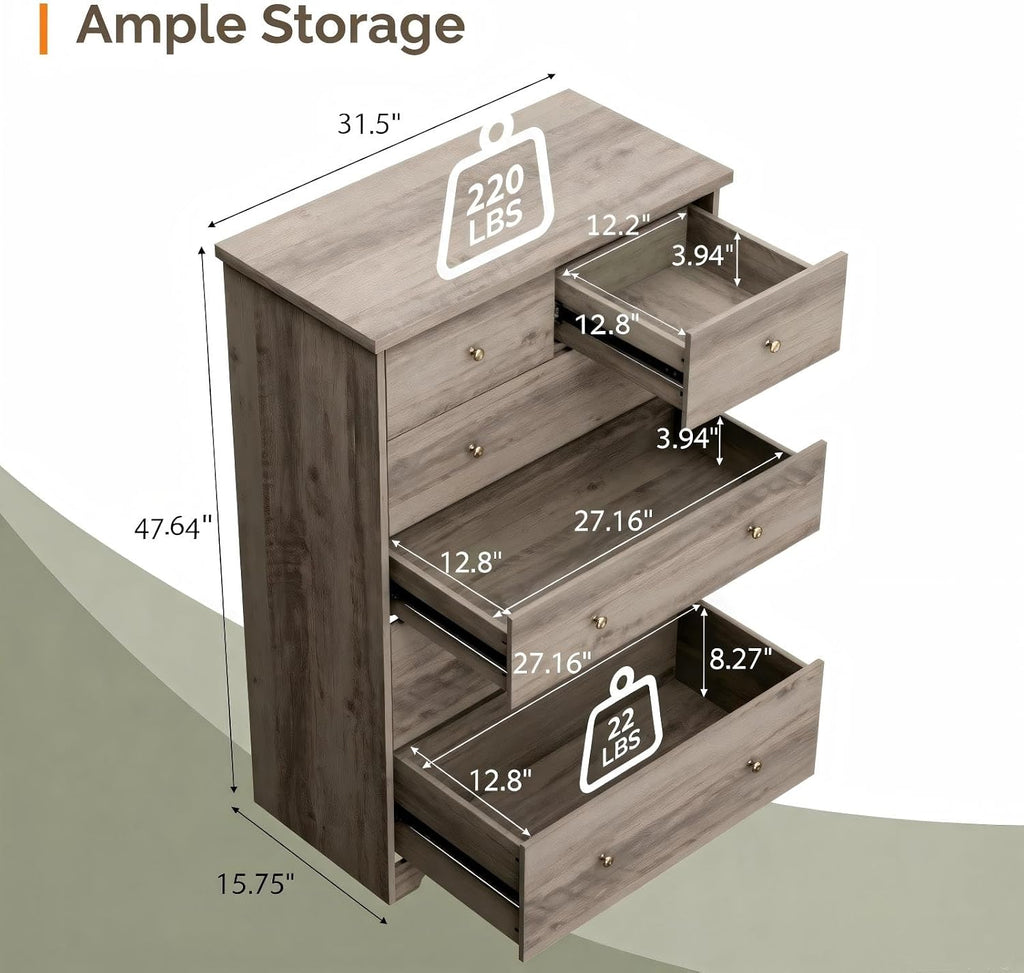 Tall Dresser, Rustic Grey Dresser 6 Drawer Chest of Drawers, Wood Gray Dressers , 31.5" W x 15.75" D x 47.64" H