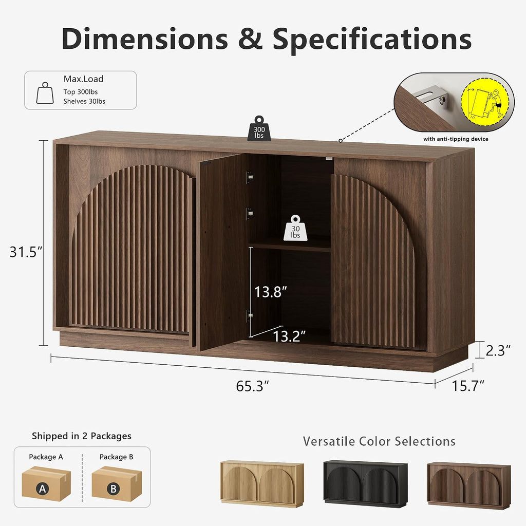 65" Sideboard Buffet Cabinet with Storage, Modular Credenza, Walnut | Modern Accent Cabinet for Living Dining Room