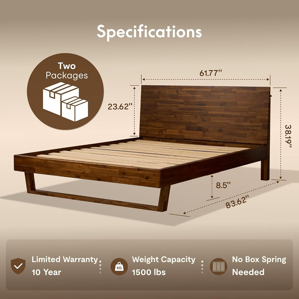 Hako G3 Queen Solid Acacia Wood Platform Bed Frame with Storage Headboard, Tool-Free Fast Assembly,1500 lbs,Premium