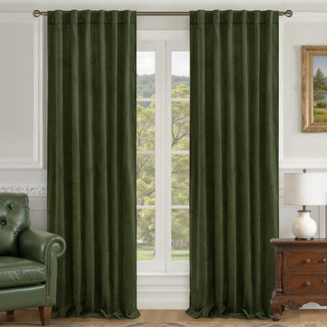 Olive Green Velvet Curtains 84 Inch Length, 2 Panels