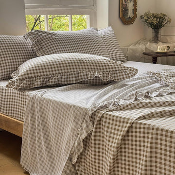 Tan Gingham Ruffle Sheet Set, Taupe Soft Pre-Washed Microfiber Plaid Bed Sheets, 4-Pieces Farmhouse Sheet