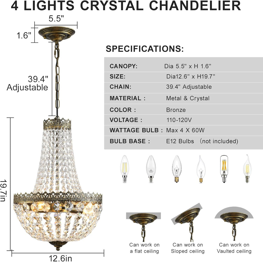 4 Lights French Empire Mini Crystal Chandelier Farmhouse Pendant Lighting, Bronze Finish Ceiling Light Fixture for Dining Room Bedroom Foyer Living Room, W12.6 x H19.7
