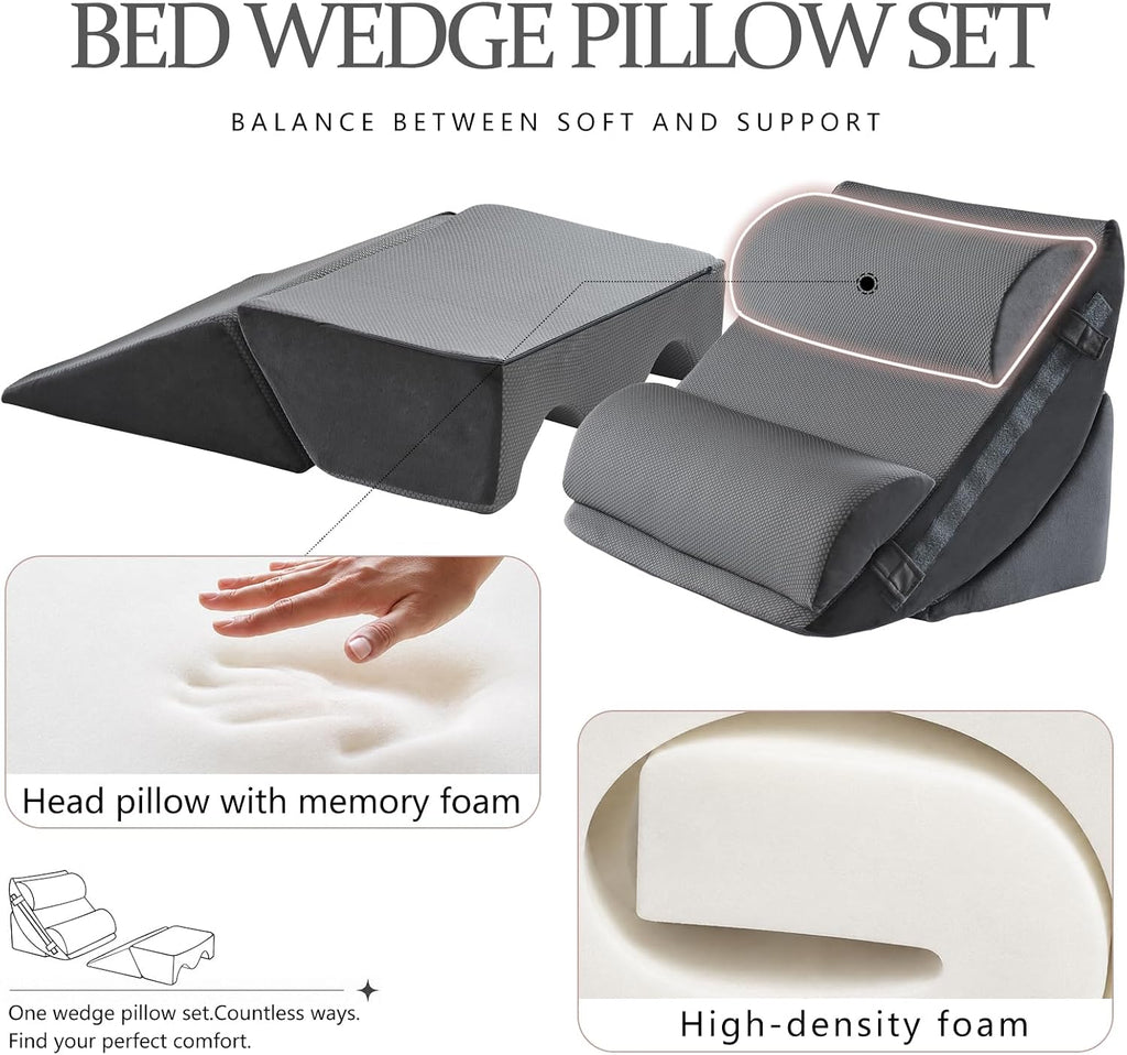 6-Piece Upper Body Rest Wedge Pillow Set for Post-Surgery, Grey | Orthopedic Memory Foam Support, Elevated for