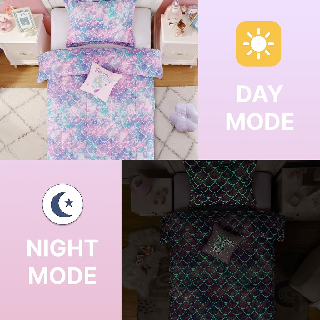 Comforter Set for Girls-3 Pieces Mermaid Glow in the Dark Bedding Sets for Kids, 1 Comforter, 1 Sham and 1