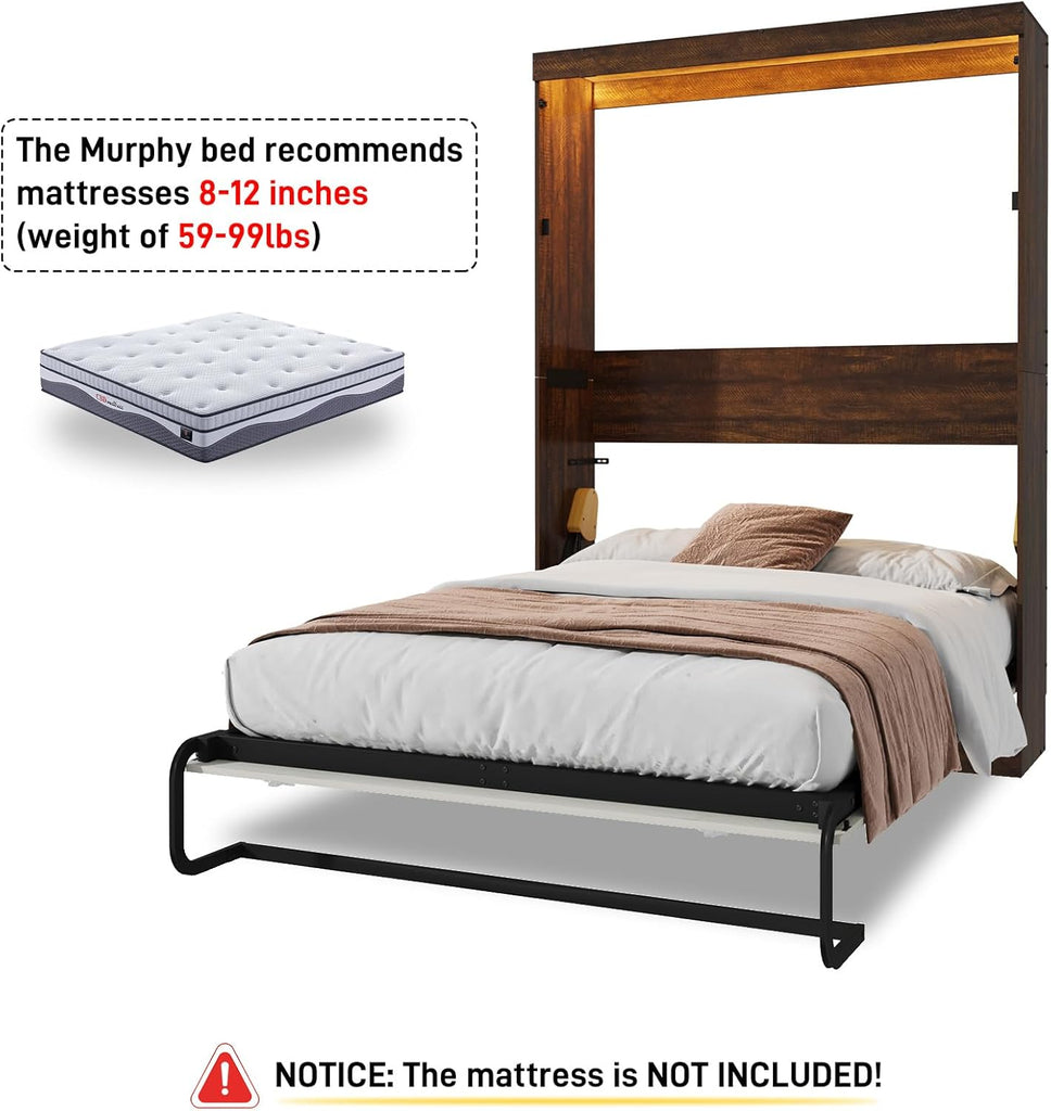 Full Murphy Bed with 2 LED Lights, Farmhouse Wood Hidden Foldable Wall Bed Frame w/Gas Struts, Storage Bed Cabinet
