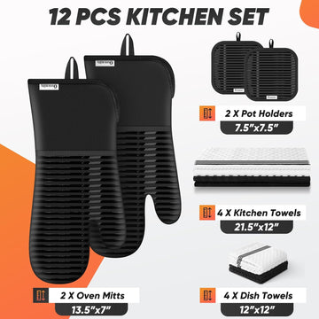 Oven Mitts Kitchen Towels and Dishcloths with Pot Holders Sets, Oven Gloves Hot Pads 500°F Heat Resistant with