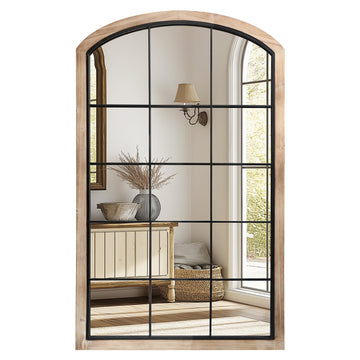 Arch Window Mirror, 30X48 Farmhouse Arch Wall Mirror, Wood Framed Rustic Mirror Metal Inner Frame Decorative, Natural