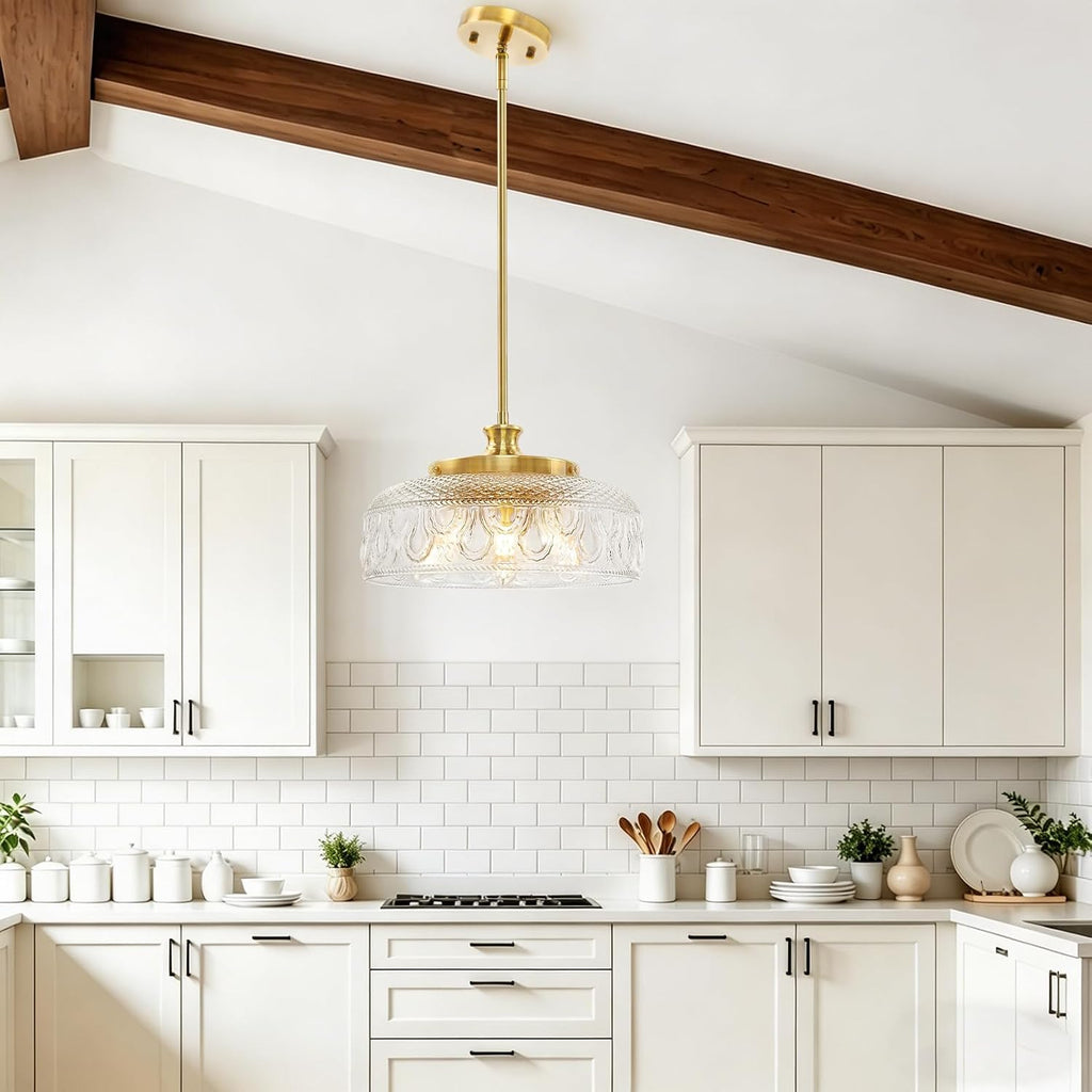 3-Light Adjustable Pendant Lights Kitchen Island, 12in Brushed Gold Modern Clear Glass Ceiling Mount Hanging Lighting