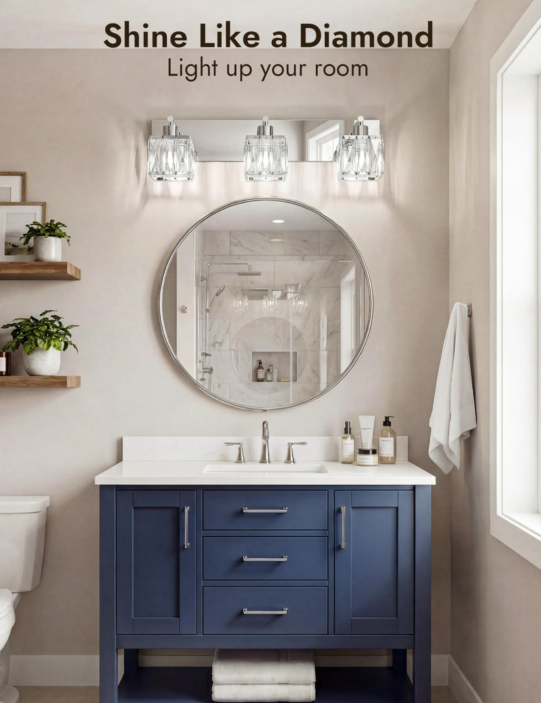3-Light Crystal Bathroom Vanity Light Square, Chrome
